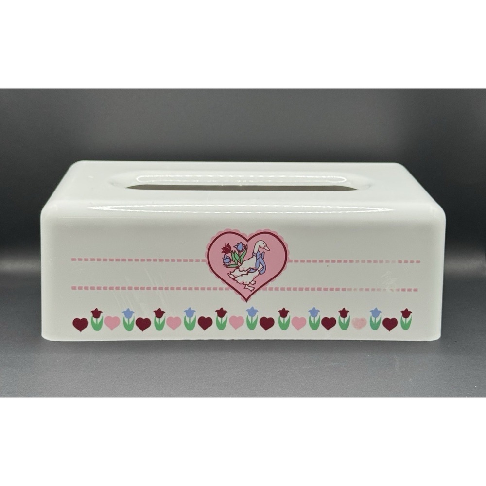 Vintage Goose Tissue Box Cover Pink Hearts Tulips Country Cottagecore Plastic